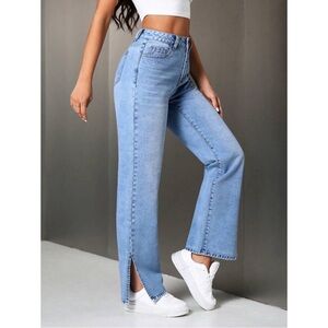 High-waisted straight leg jeans with side slits